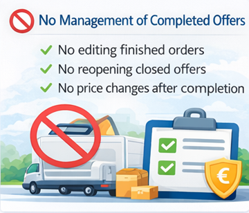 Illustration som visar att förare inte kan redigera eller öppna avslutade transporterbjudanden på ExusTrans-plattformen